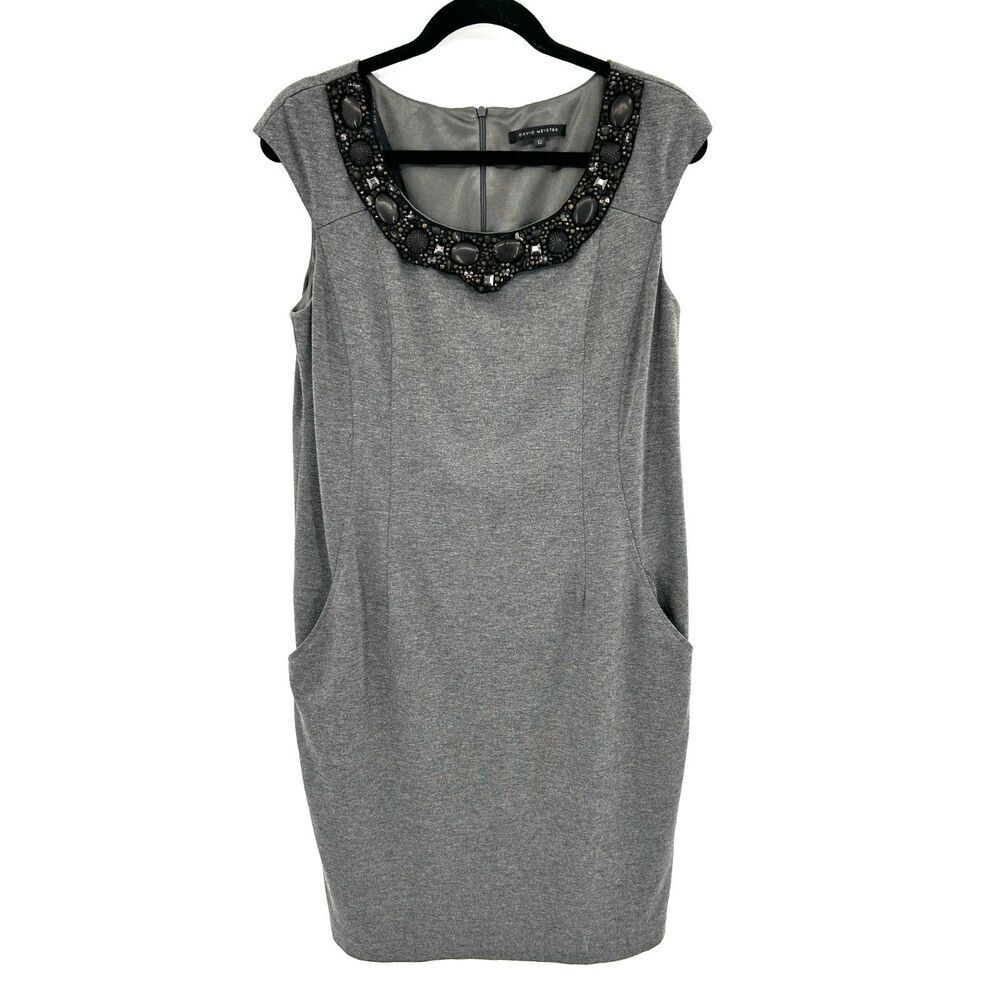 DAVID MEISTER Gray Beaded Mesh Embellished Collar Shift Midi Dress Size 12
